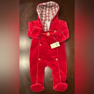 NWT Ralph Lauren Kids Red Velour Footie with Plaid Lining